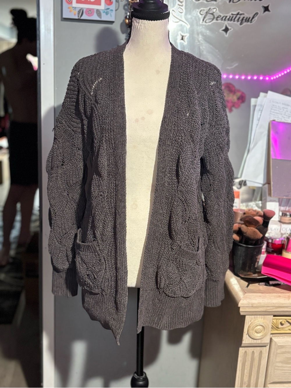 SO Charcoal Cable-Knit Open Cardigan with Pockets